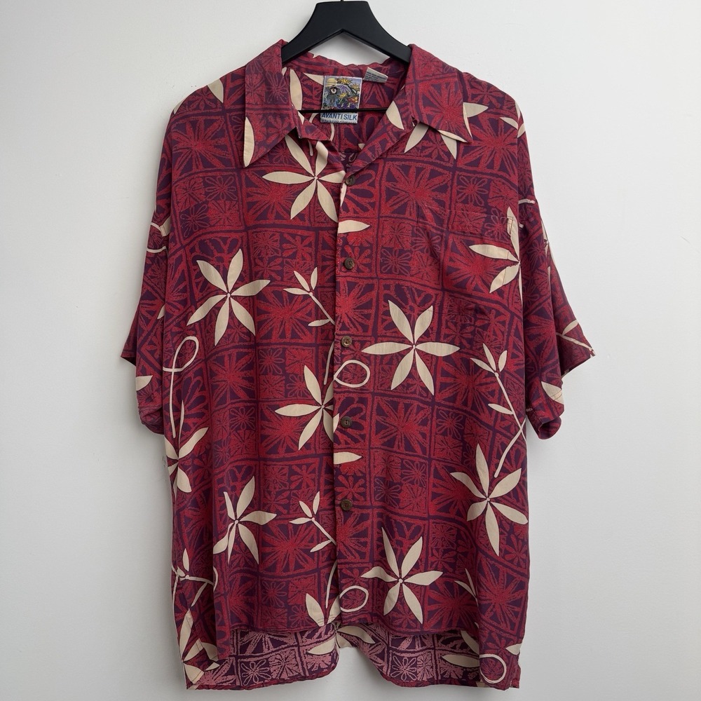 VTG Avanti Hawaiian Shirt Mens XL Red Polynesian Floral Tapa Camp Silk Vacation